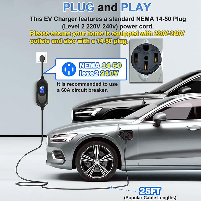 SubSun Tesla Level 2 Charger 50Amp,240V Portable EV Charging for All North American EVs Includes J1772 and Tesla, 25FT EV Charging Cable with NEMA 14-50 Plug (with Tesla Adapter)
