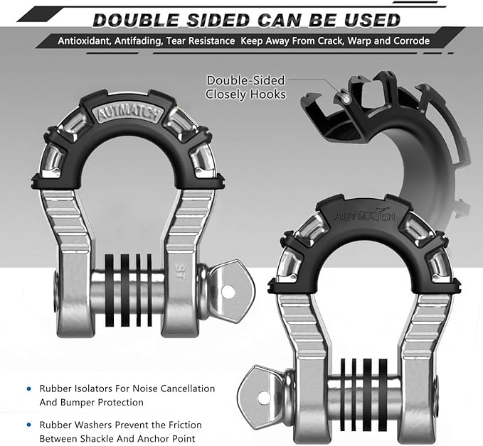 AUTMATCH D Ring Shackles 3/4" Mega Shackle (2 Pack) 68,000Ibs Break Strength - Heavy Duty Clevis Shackles with 7/8" Screw Pin and Isolator Washer for Tow Strap Winch Off Road Vehicle Recovery, Silver