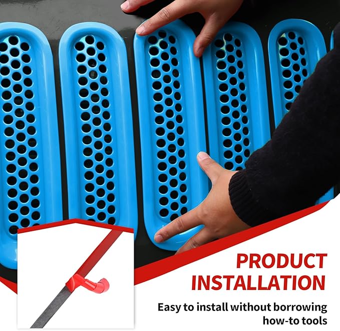 Front Grille Inserts Grill Mesh Clip-on Trim Covers Exterior Accessories Compatible with Jeep Wrangler JK & JKU 2007-2017,Light blue