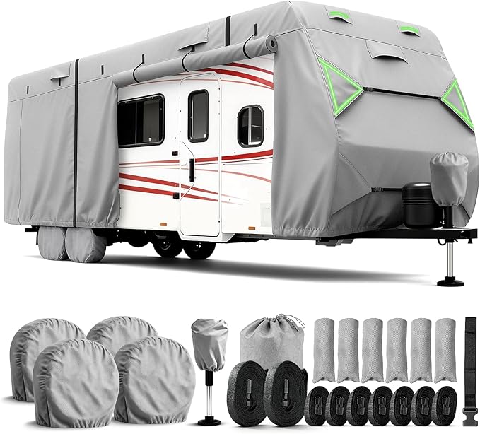 RV Cover, 7 Layers Waterproof Camper Cover with Tongue Jack Cover, Windproof Travel Trailer Cover with Gutter Cover, Fit for 27-30ft