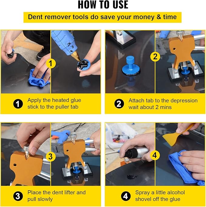 VEVOR Paintless Dent Removal Rods, 89 PCS Paintless Dent Repair Tools, Golden Lifter Puller Car Dent Repair Kit, Glue Puller Tabs Dent Puller Kit for Auto Dent Removal, Minor Dents, Door Dings