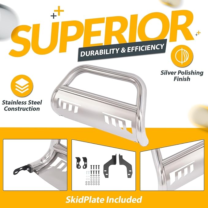 KUAFU Front Bull Bar Compatible with 2022 2023 2024 2025 Nissan Frontier Pickup Truck 3” Front Bumper Brush Grille Grill Guard Stainless Steel Polishing Silvery