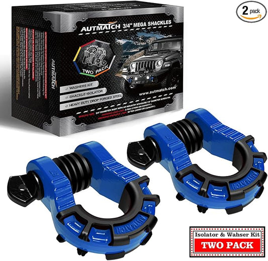 AUTMATCH D Ring Shackles 3/4" Mega Shackle (2 Pack) 68,000Ibs Break Strength - Heavy Duty Clevis Shackles with 7/8" Screw Pin and Isolator Washer for Tow Strap Winch Off Road Vehicle Recovery, Blue