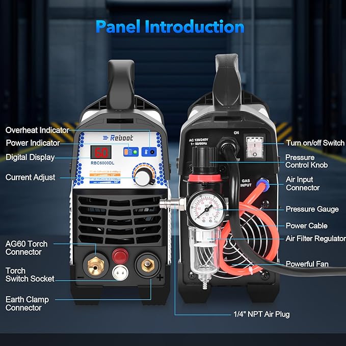 Reboot Plasma Cutter, 2025 Upgraded 60Amps Cutter Machine with 120/240V Dual Voltage DC Inverter IGBT 1/2 Inch Clean Cut for Beginners DIY and Small Business Projects