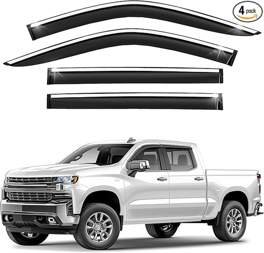 Window Deflectors Chrome Trim Tape-On Side Window Vent Visor Deflectors Smoke Tinted Rain Guards Compatible with Chevrolet (Chevy) Silverado 1500,2500,3500 2019-2025 Crew Cab - 4pcs. GW0525