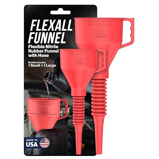 FlexAll Funnel Bundle - Long Flexible Funnels with Hose for Automotive Use - Nitrile Rubber Funnels with Handle for Oil Change and Transmission Fluid - Gas, Diesel, & Oil - Red (Small + Large)
