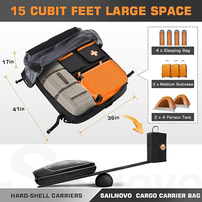 Sailnovo Car Rooftop Cargo Carrier Roof Bag, 15 Cubic feet Waterproof Roof Cargo Carrier fit car with/Without Luggage Rack - Vehicle Soft Shell Roof Cargo Box with Tie-Down Strap, Safety Hook