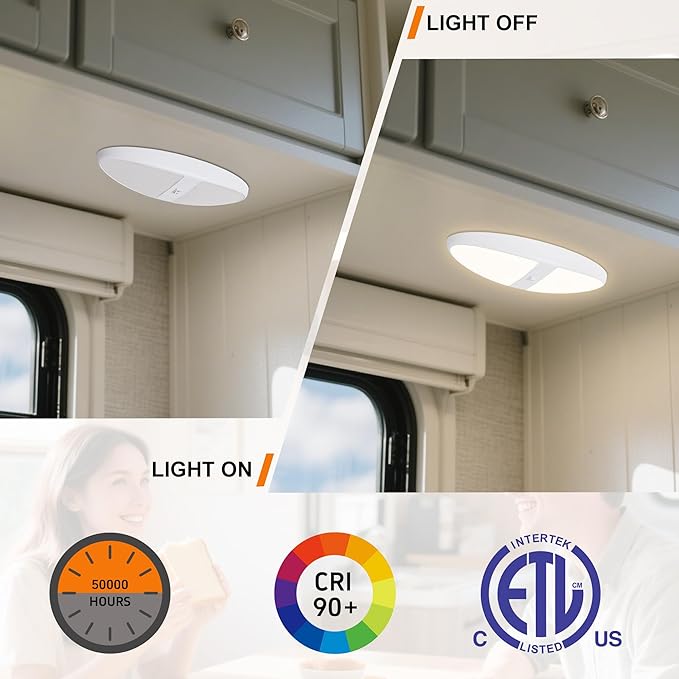 Facon 2-Pack 12V DC RV Ceiling Dome Light with On/Off Switch - 4000K Cool White, Large Oval Pancake RV Puck Light for RVs, Motorhomes, Campers & Boats, ETL Listed