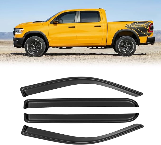 Window Rain Guards for 2019-2025 Dodge Ram 1500 Crew Cab(New Body Style), Tape-on Window Visors Wind Deflectors Shade Vent Sun Visors Rain Shields 2020 2021 2022 2023 2024, 4PCS