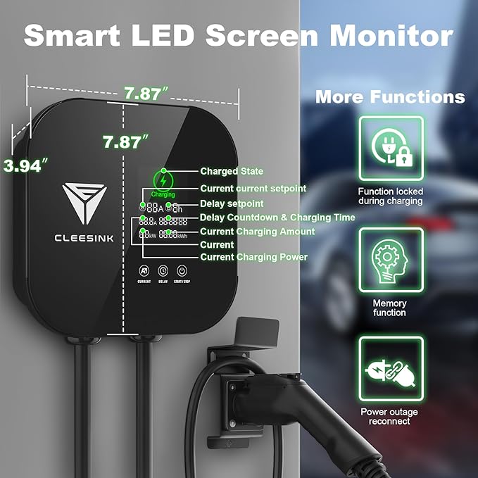 CLEESINK Level 2 EV Charger, 40A 240V Indoor/Outdoor Electric Vehicle Charging Station, NEMA 14-50, 23ft Cable UL Listed Home Electric Car Universal Wall Charger EVSE, Settable Amps & Time, Black