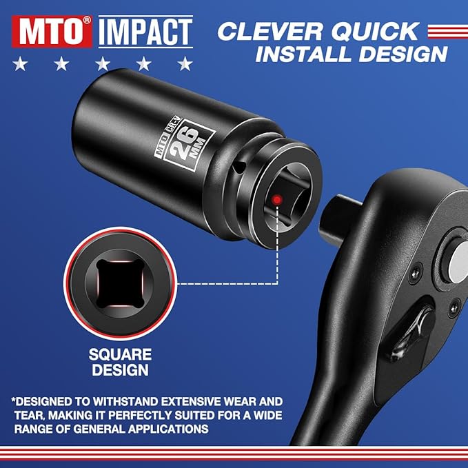 MTO 1/2" Drive 26mm Deep Impact Socket, 6-Point Metric Socket for Automotive Maintaince, CR-V Steel Meets ANSI Standards
