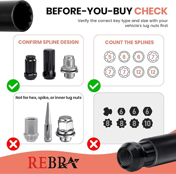 REBRA 6 Spline & 7 Spline Lug Nut Socket Set, Drive Wheel Lock Key, Locking Nut Removal Tool for Easy Installation on Aftermarket Rims (8-Pieces)