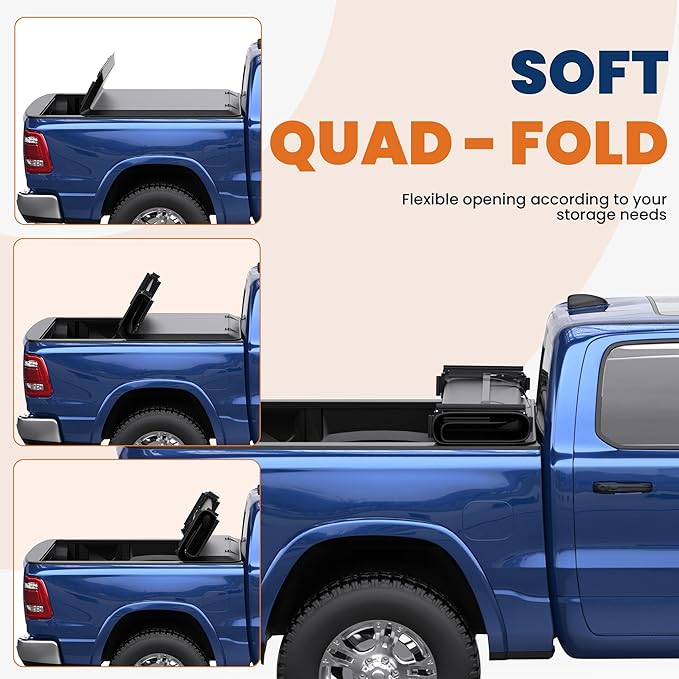 Soft Quad 6.5 FT Soft Tonneau Cover Compatible for 2002-2025 Dodge Ram 1500 (Classic & New Body) / 2003-2024 Ram 2500 3500 Fleetside W/o Ram Box Truck Bed