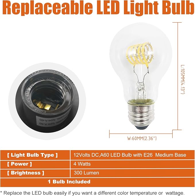 Facon 12V 7inch RV Pendant Dining Table Light with Replaceable Bulb (1 X E26 Bulb Included), RV Camper Dinette Light with On&Off Switch, 12Volts Pendant Lamp for Automotive Kitchen Island