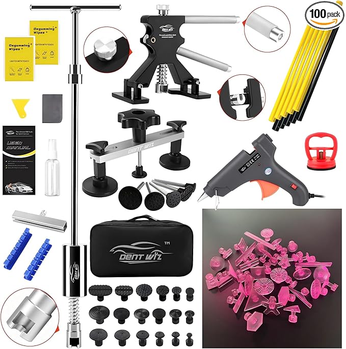 Car Dent Puller Kit, Paintless Dent Remover Tool with High Viscosity Puller Tabs & Glue Sticks Hot Glue Gun, 2-in-1 Slide Hammer T-bar, PDR Tools Set for Car Dent Repair Hail Damge or Door Dings