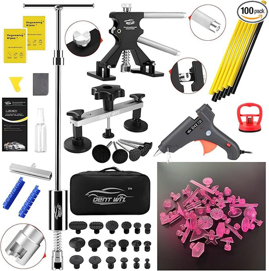 Car Dent Puller Kit, Paintless Dent Remover Tool with High Viscosity Puller Tabs & Glue Sticks Hot Glue Gun, 2-in-1 Slide Hammer T-bar, PDR Tools Set for Car Dent Repair Hail Damge or Door Dings