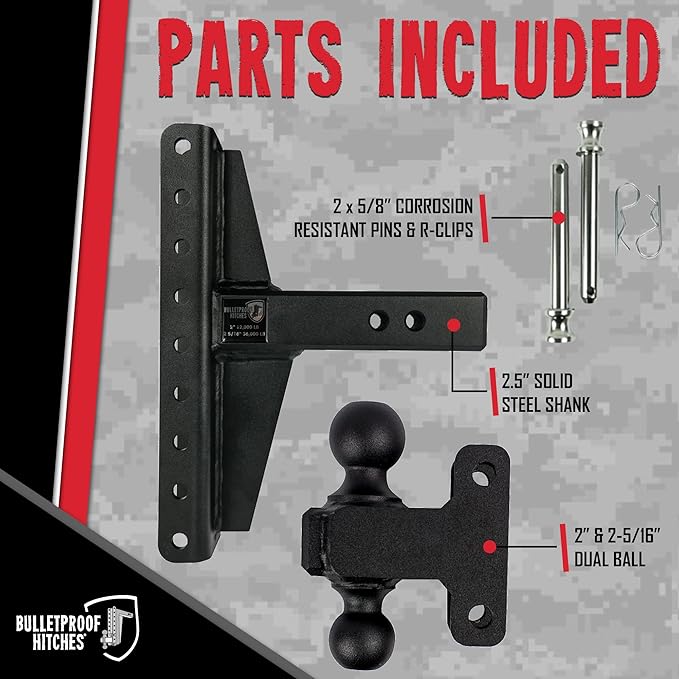 BulletProof Hitches - 2.5" Adjustable Extreme Duty Trailer Hitch (36,000 lb. Rating) - Offset 4" & 6" Drop/Rise with 2" and 2 5/16" Dual Ball - Powder Coat, Solid Steel, Corrosion-Resistant