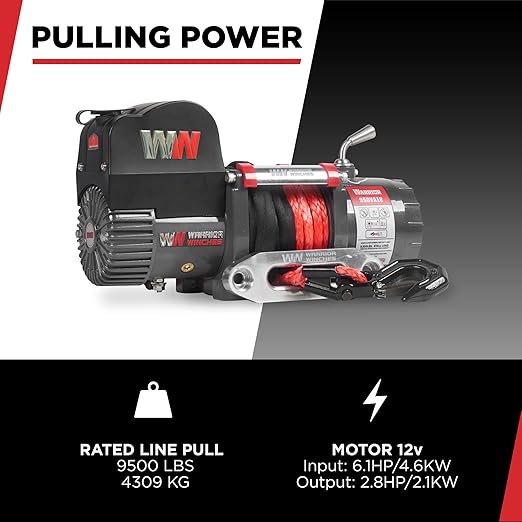 Warrior Winches Samurai 9500 Short Drum lbs 12V Electric Winch with Synthetic Rope - Powerful Electric Winch for Trucks - 9500 lbs Load Capacity - Wireless Remote Included