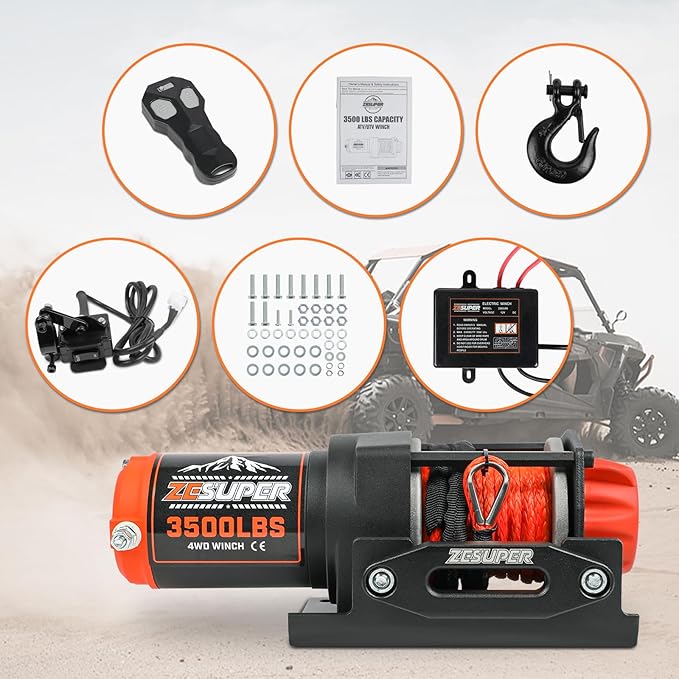 ZESUPER 3500 lb Waterproof Winch Electric Winch Kit, ATV UTV Trailer Winch 12V with Synthetic Winch Rope,Hawse Fairlead,Wireless Remote Handheld Remote Control,Mounting Plate