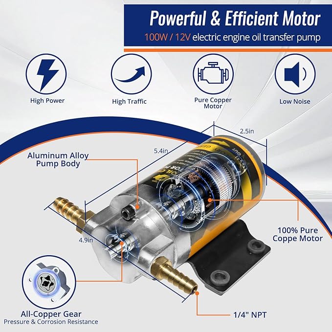 12/24V 100W Marine Engine Oil Extractor Pump, Upgraded Anti-Kink Hose, High Flow Oil Change Pump, Transmission Fluid Transfer Pump for Automotive, Boats, Jet Ski, Lawn Mowers DIY Oil Transfer