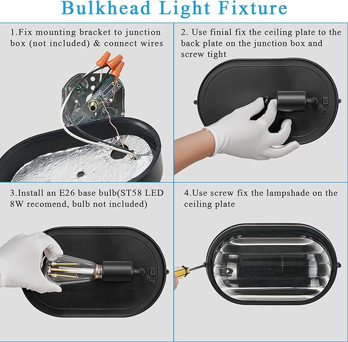 11 Inch Waterproof Bulkhead Light Fixture Outdoor Ceiling Light Black Sauna Light with UL Listed Aluminum Frame and Thickened Clear Glass Shade 2 Pack