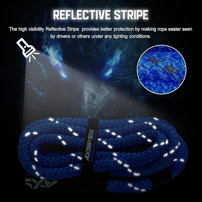 Kinetic Recovery Rope (Reflective) | 1in x 30ft 48,500Lbs Heavy Duty, 35% Elasticity Tow Rope - Offroad Snatch Strap for 4x4 Truck SUV UTV ATV Jeep