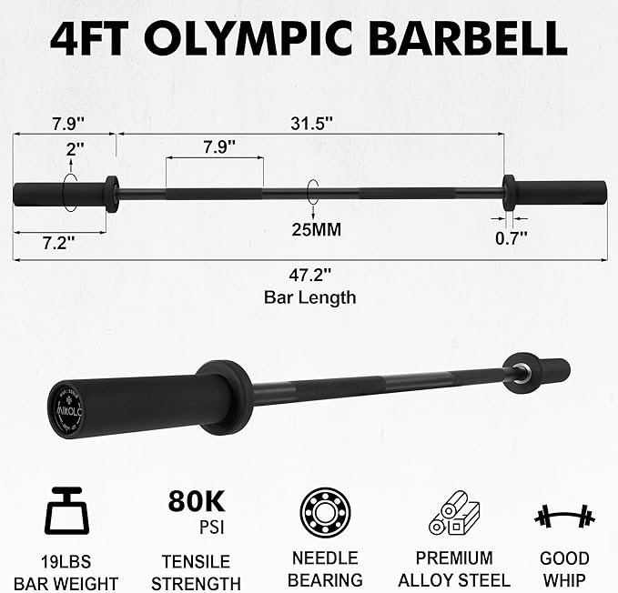 Mikolo 7ft Olympic Barbell, Barbell for Weightlifting and Powerlifting 45lb, Olympic Bar for 1500lbs Capacity, Weight Bar Fit 2” Standard Weights