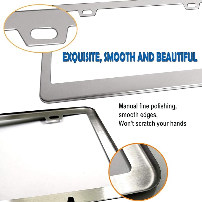 BGGTMO Stainless Steel License Plate Frames- Heavy Duty Metal Car Tag Cover for Front & Rear, 2 Pack Slim Holders with Chrome Screws Caps for Women/Men, Rust/Rattle Proof Pads, Tire Valve Stem Caps
