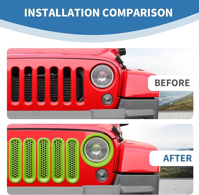 for Jeep JK Front Grille Inserts & Headlight Cover Trim Ring for Jeep Wrangler JK JKU 2007-2017 Green Exterior Accessories 9pcs