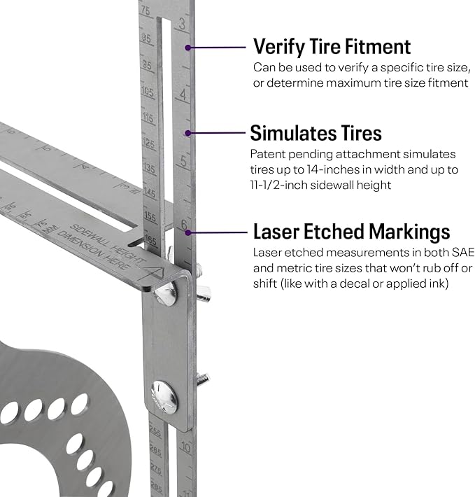 Speedway Motors WheelWise™ 8-Lug Wheel Fitment Tool with Tire Size Attachment, Simulates 14-22 Inch Rim Diameter, 8-14 Inch Tire Width, 2.5-11.5 Inch Sidewall, Laser Cut Steel