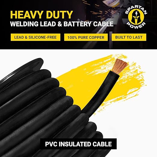 Spartan Power Welding Lead & Car Battery Cable - DIY Bulk Automotive Grade Copper Wire - 600 Volt, 2 AWG, 150 Foot, Black
