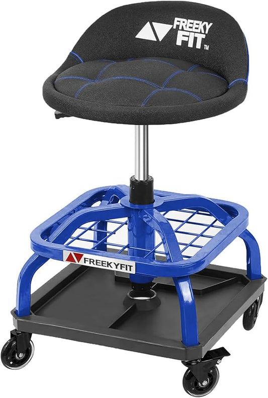 Rolling Shop Stool with Wheels, Garage Work Mechanic Stool with Backrest, Roller Mechanic Chair, Adjustable Height, 360° Swivel, Tool Tray Storage, 330 LBS Capacity, Heavy Duty, Blue