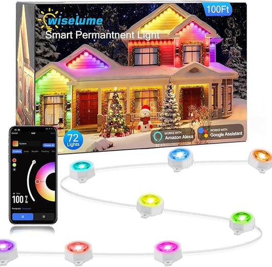 100Ft Permanent Outdoor Light with 72 LED Lights, RGB+IC Eaves Lights,Color-Changing Waterproof Lights with 63 Scene Modes,APP & Voice Control,for Christmas, Halloween, Parties, and Holiday Décor
