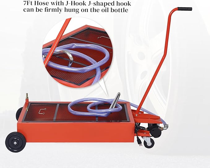 17 Gallon Oil Drain Pan with Electric Pump, Low Profile Oil Pans for Truck, Car Changing Oil, Foldable Handle/7 Ft Evacuation Hose/Swivel Casters Wheels