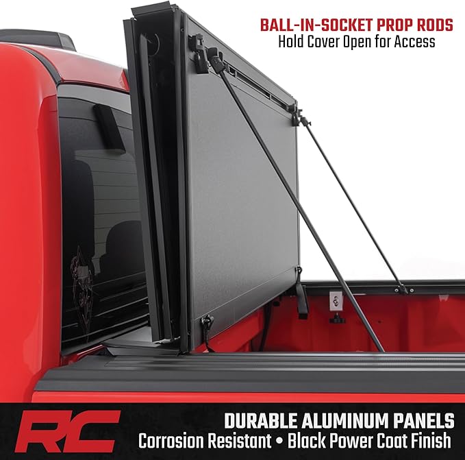 Rough Country Hard Flip-Up Truck Bed Tonneau Cover for Ford F-150 (2015-2020) - Aluminum Tri-Fold Bed Cover