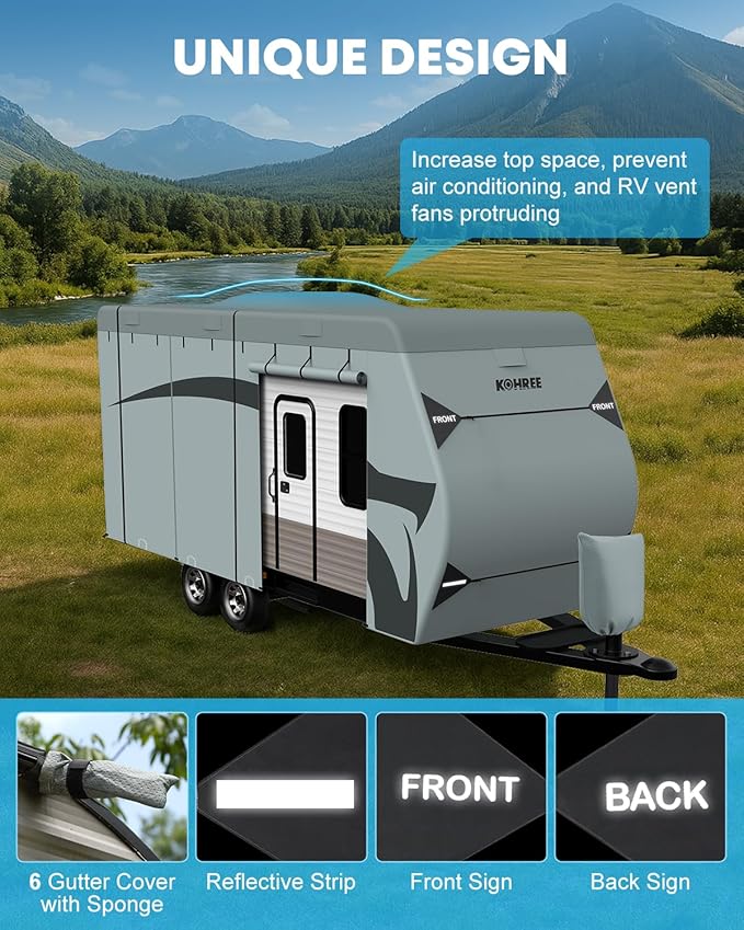 Kohree Travel Trailer Cover 22-24 ft with 8 Enlarged Vents, Sturdy & Waterproof & Anti-UV RV Camper Cover Kit with Front & Back Sign for All Weather Protection A