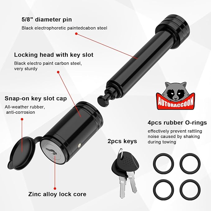 Trailer Hitch Lock - 5/8" Dia Locking Receiver Pin, Fits 2" Receiver Tubes, Class III & IV Hitch Receivers, Anti-Theft Trailer Receiver Lock
