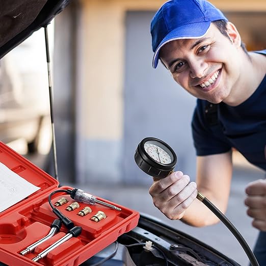 9 Pieces Automotive Compression Tester Kit and Spark Plug Tester, Universal Car and Motorcycle Engine Testing Tools for Cylinder Pressure Gauge (Red)