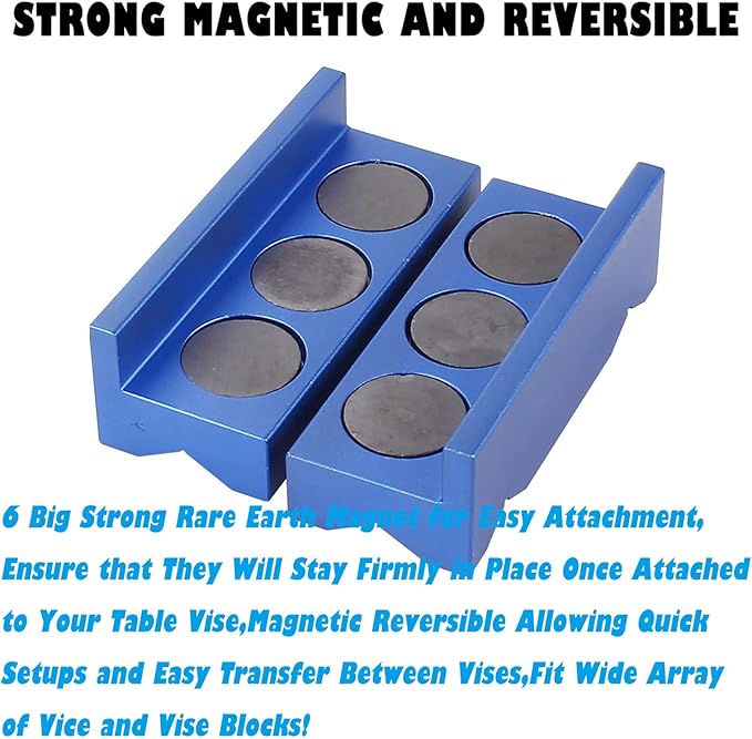 BARTOO Aluminum 4" Vise Jaws Pads, Magnetic Reversible Pipe Vise, AN Fitting Vice Jaw Covers, Professional Grade Multi-Purpose Vise Jaw Protective Inserts for Any Metal Bench Vice (4", Blue)