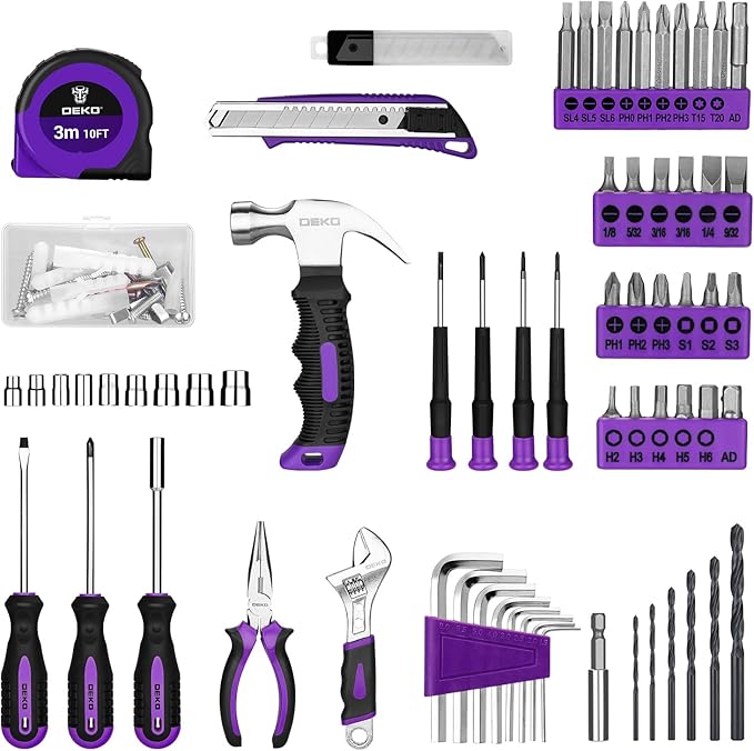 Tool Set: Tool Kit with 8V Cordless Drill, Hand Toolbox with storage case, Tool set for Home Repairs 126 Piece, Purple