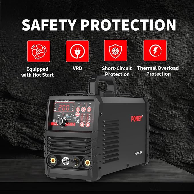 PONEY TIG Welder 200 Amp 5 In 1 TIG Welding Machine DC TIG/Spot TIG/Pulse TIG/Stick, 110V/220V Dual Voltage with Large Digital Display