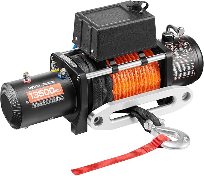 VEVOR 13,500 lb Electric, Truck Winch 12V DC 3/8 in x 80 ft Synthetic Rope Aluminum Fairlead Wireless & Wired Remote Control, 13500 lbs, IP55 Waterproof Towing for Off Road Jeep SUV Boat