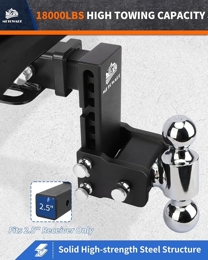METOWARE Adjustable Trailer Hitch - Drop Hitch - Tow Hitch Fits 2.5 inch Receiver - 6inch Drop/Rise, 2" & 2-5/16" Ball Hitches for Trucks, 18,000 LBS GTW, Trailer Hitches with Anti-Theft Pin Lock