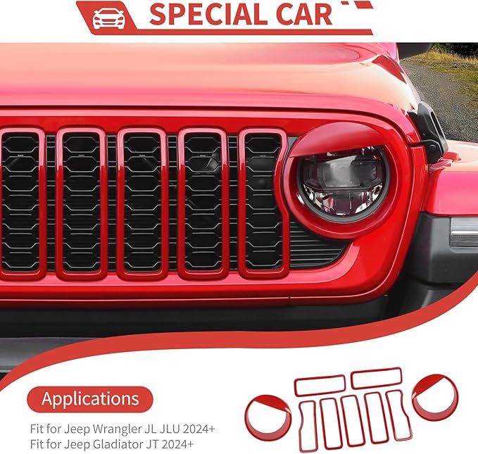 Front Grill Inserts Front Headlight Cover Kit fit for Jeep Wrangler JL JLU Gladiator JT 2024+ Exterior Accessories,Red
