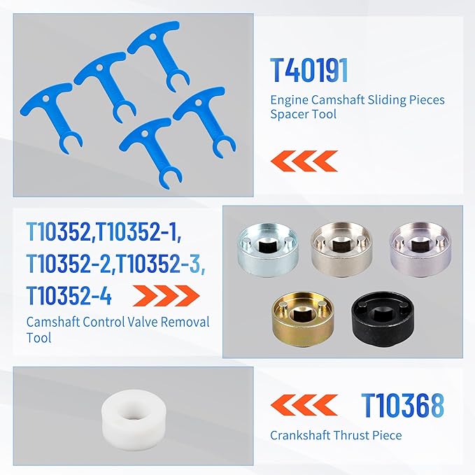 Engine Timing Tool Kit for VW Audi TSI TFSI EA888 1.8L 2.0L Engine, with Additional T40191 Engine Camshaft Sliding Pieces Spacer Tool, T10355 Crankshaft Pulley Holding Wrench T40098 T40267 T40271