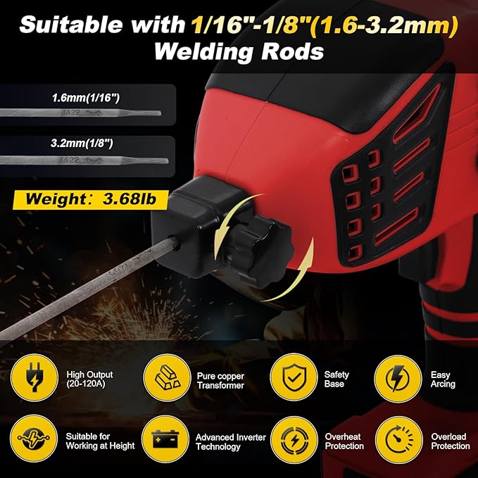 Handheld Welder 110V ARC Portable Stick Welding Machine IGBT Inverter 20-120Amps Stepless Current 1/16"-1/8" Electrodes Home Repair DIY Work for Beginner (Red)