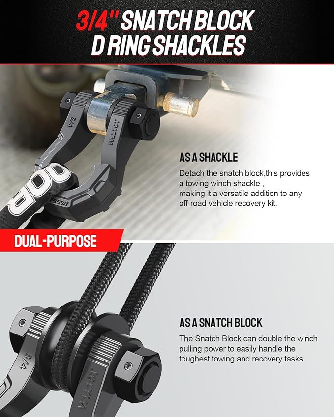 DAYDOOR D Ring Shackles with Snatch Block, 45,000Lbs Break Strength Towing Winch Shackle, 3/4" Heavy Duty Shackles with 7/8" Screw Pin for Off Road Vehicle Recovery (2 Pack,Gray)
