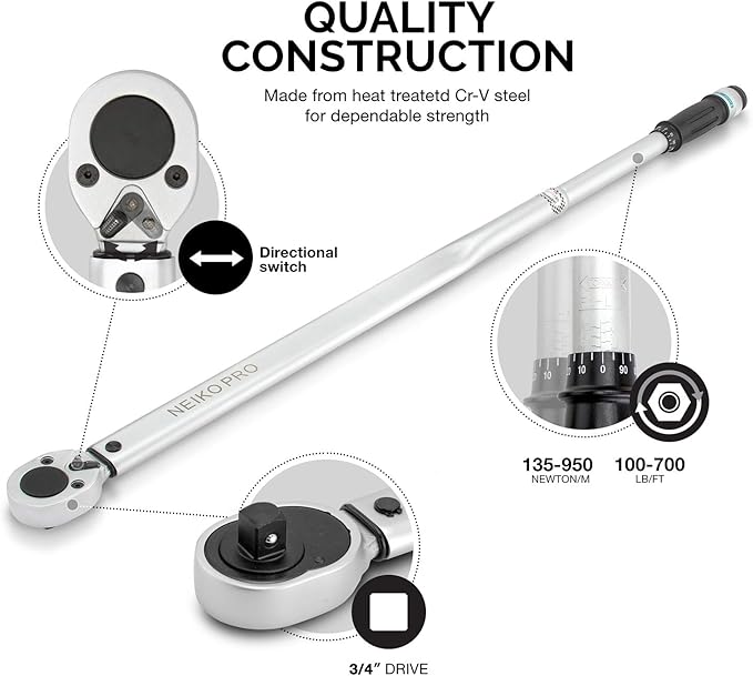 Neiko PRO 03710B 3/4-Inch-Drive Adjustable SAE Torque Wrench with Torque Click Settings of 100–700 Foot-Pound, Made with CrV Steel, 48-Inch Length