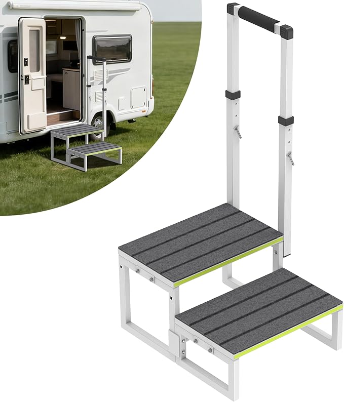 RV Steps with Handrail (26"-38"), Dual-Side Setup, Portable 2-Step RV Stairs with Wide Anti-Slip Mats, Ideal for RVs, Porches, Hot Tubs, Pools, and Pets