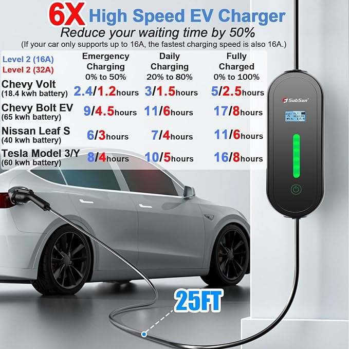 SubSun Universal Portable Level 2 EV Charger 32Amp 240V Electric Car Charger for All North American EVs Includes J1772 and Tesla, 25FT EV Charging Cable with NEMA 14-50 Plug (with Tesla Adapter)